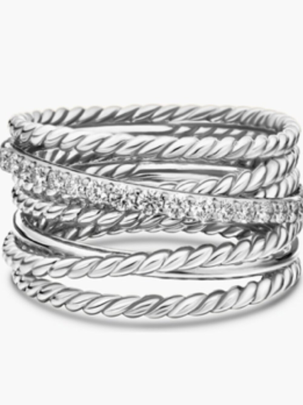 David Yurman Silver with Diamonds Crossover Wide Diamond Stacked Ring